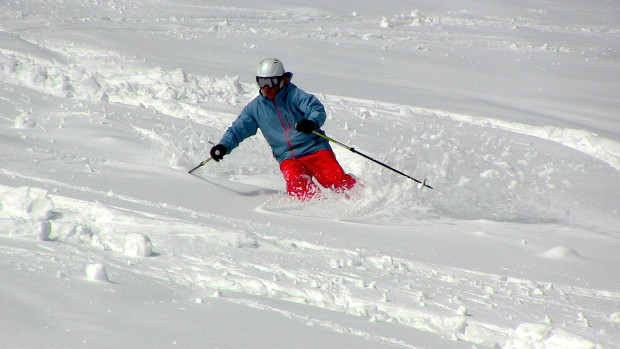 Skimac in the deeper snow on Saturday at Mammoth, CA.