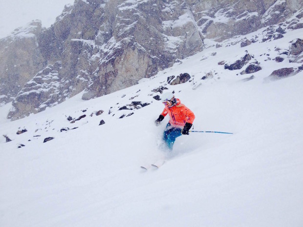 Katy ripping at turn in the pow on Chair 3 today.