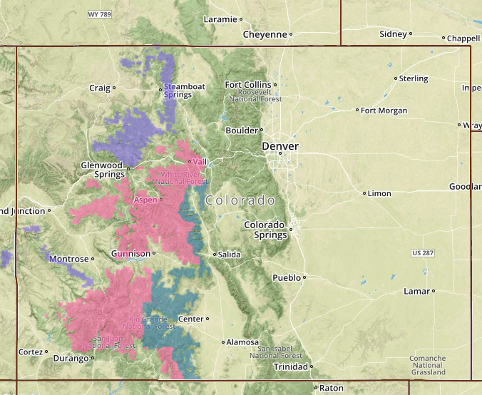 Pink = Winter Storm Warning. Blue = Winter Storm Watch. Purple = Winter Weather Advisory.