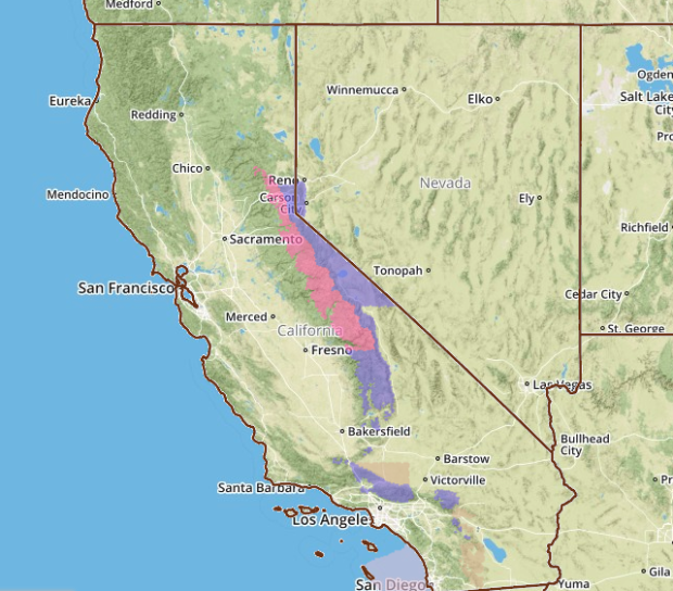 Winter storm warning in pink, Winter weather advisory in purple.