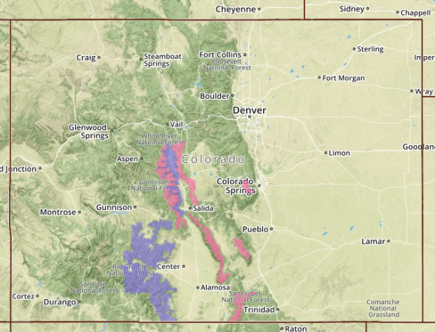 Pink = Winter Storm Warning.  Purple = Winter Storm Watch