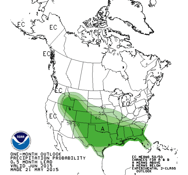 NOAA's June precipitation outlook shows above average precipitation for the south east the central US, as well as select states in the West including Idaho, Utah, Colorado, Wyoming, New Mexico, and Montana.