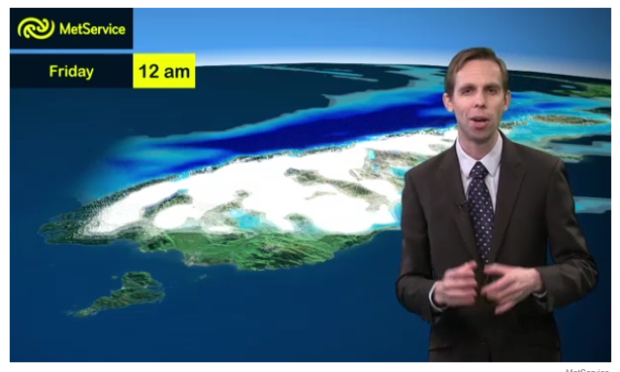 MetService don't lie, yo.  Weather guy showing us what to expect on Friday in NZ