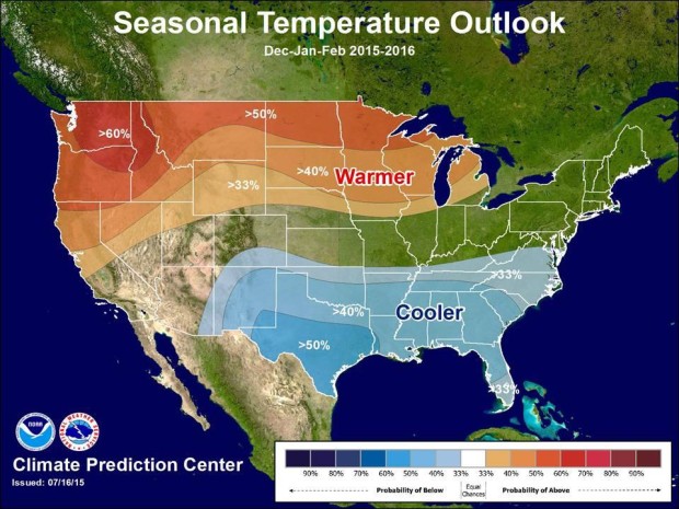 NOAA's Temperature outlook for winter 2015/16 in the USA.