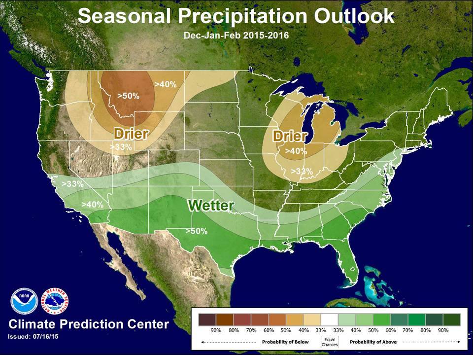 NOAA precipitation forecast for winter 2015/16. NOAA expects higher than average precip in the southern half of the country and drier than average conditions in the Pacific Northwest