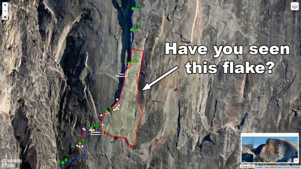 This screen shot from the Half Dome Interactive Map webpage, by Mark P. Thomas, shows the estimated area of the recent rockfall on Half Dome. Photo by Mark P. Thomas.