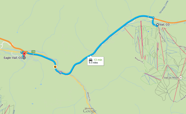 Vail to Eagle-Vail weed run = 8.3 miles/13 minutes