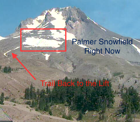 The Palmer Snowfield, where summer skiing/riding happens, looking small as of today.