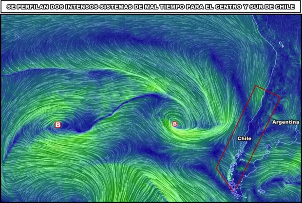 This is what is bringing the big snow:  2 intense low pressure systems headed straight for central Chile.  Thanks El Nino!