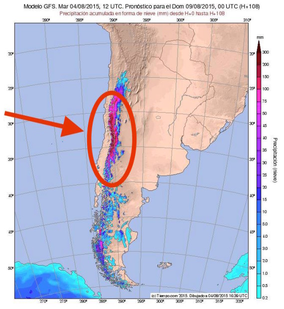 Snow forecast for the Andes mountains of South America showing over 10-feet of snow in central Chile.  Arrow and circle indicating central Chile where the ski resorts such as Valle Nevado, El Colorado, and Portillo are forecast to get huge amounts of snow.