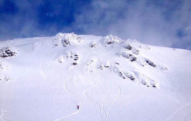 TJ David celebrating a solid run down the steep section of Nubes today.