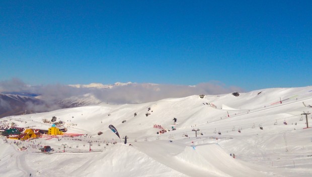 View down to the base area with slope style and big air