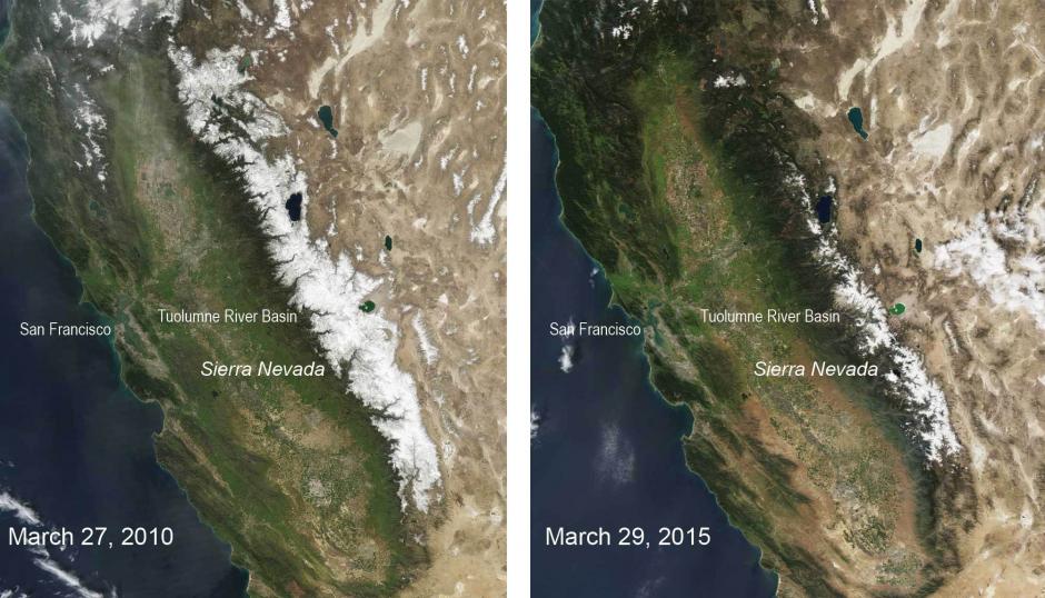These images captured by NASAโs Aqua satellite show the difference between snow cover in 2010โthe last year with average winter snowfall in the regionโand 2015 across the Sierra Nevada Mountains. Credit: NASA/MODIS