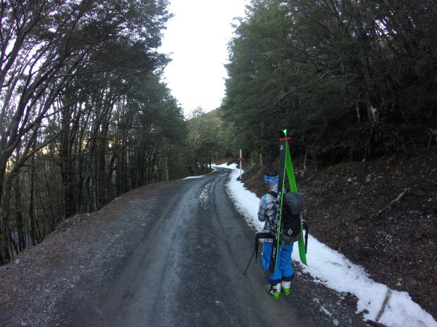 A short hike back to the base lodge after a lap down North Middle