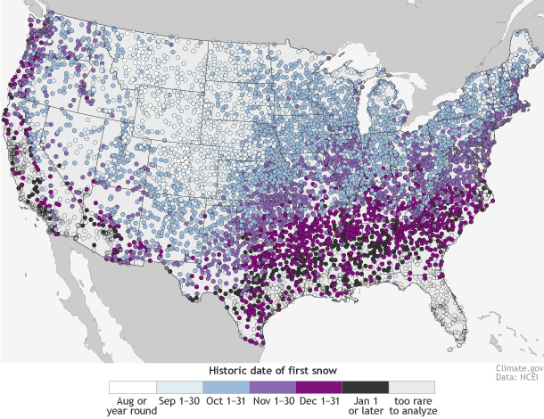 Colored dots indicate the date by which thereโs a 50% chance at least 0.1โ of snow will have accumulated, based on each locationโs snowfall history from 1981-2010. Click the map for a larger version with more detailed categories. Map by NOAA Climate.gov, based on analysis of the US Climate Normals by Mike Squires, National Centers for Environmental Information.