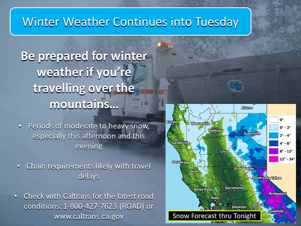 Big snow forecast for California today. PINK = 12-24" of snow today.