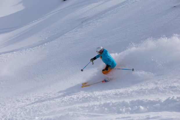 Katy milking that early season pow! photo: Matt Bansak, mattbansak.com