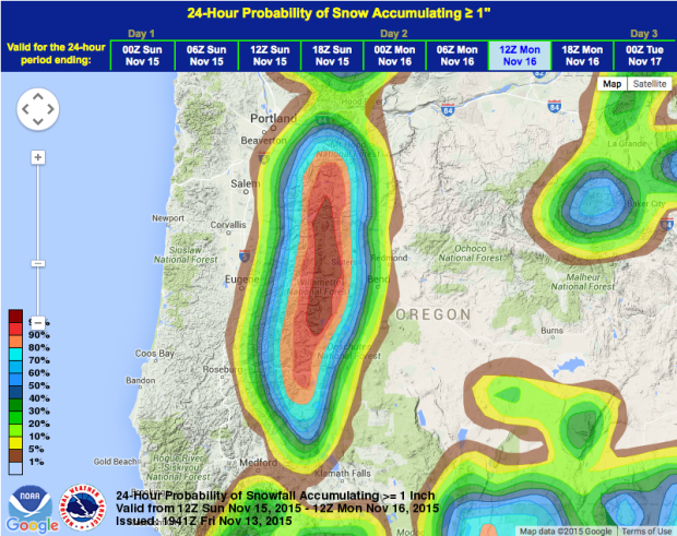  Very high snow probability for Oregon's Cascade mountains on Monday. image: noaa