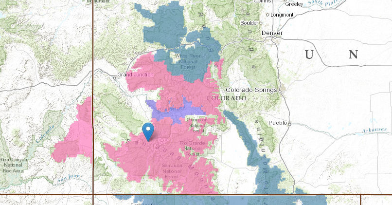 Pin = Telluride. PINK = Winter Storm Warning.