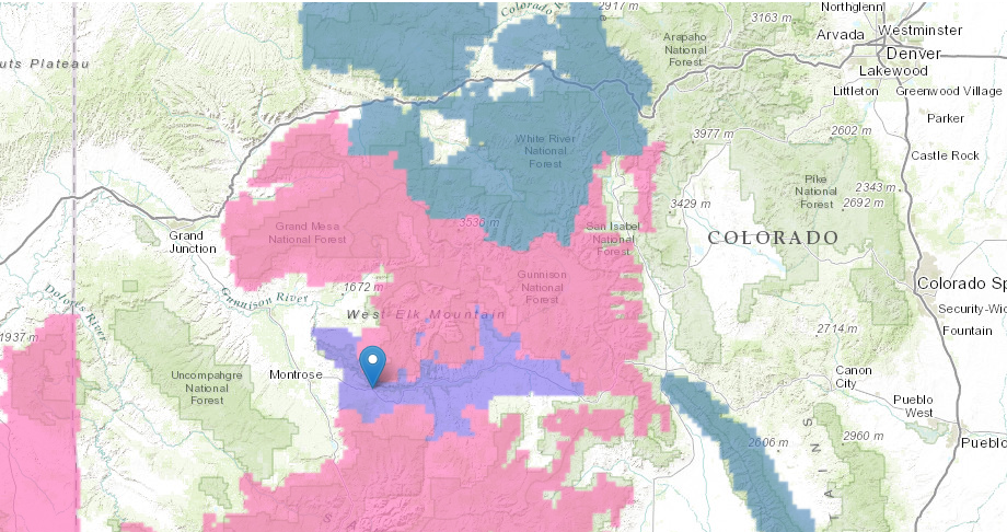 Pin = Cimmiron, CO. PURPLE = Winter Weather Advisory