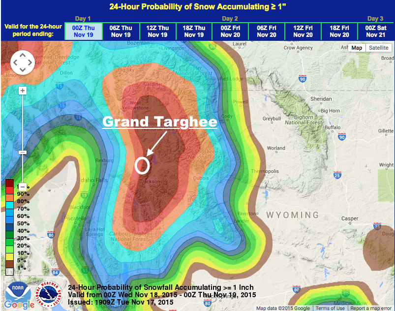 RED = 100% snow probability today/tomorrow.