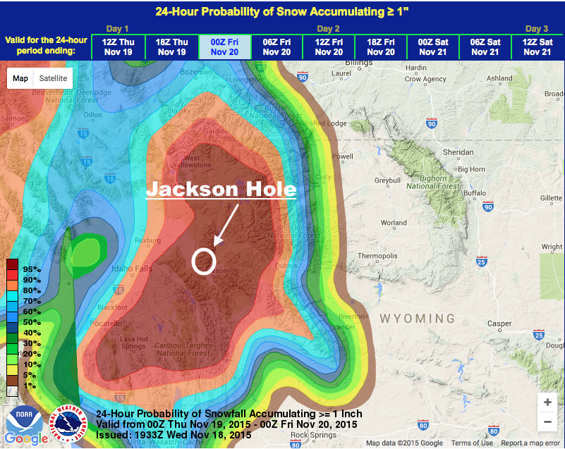 RED = 100% snow probability on Thursday.