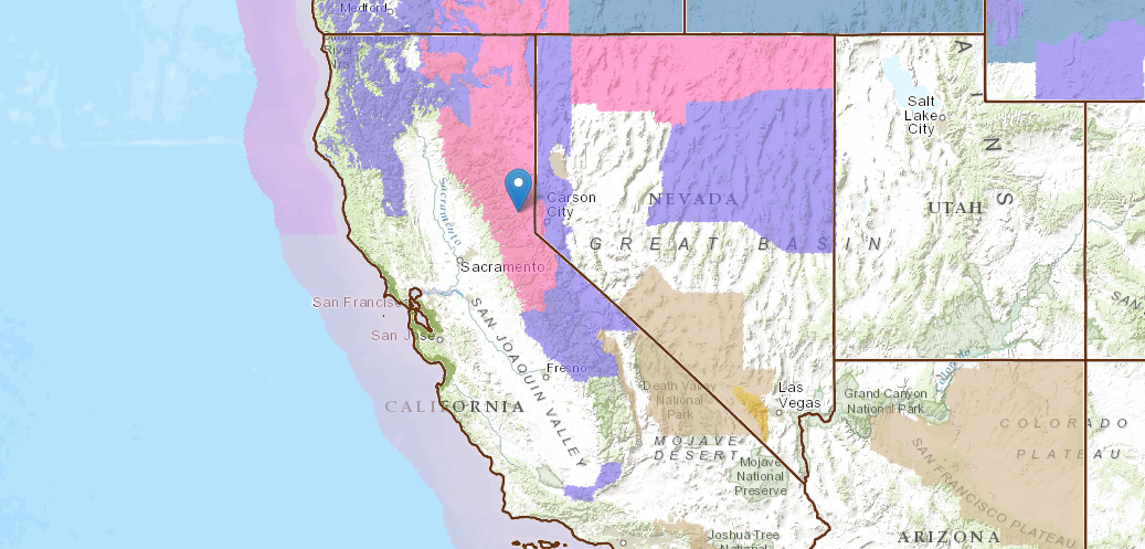 Pin = Donner Summit. PINK = Winter Storm Warning. PURPLE = Winter Weather Advisory. Even the Grapevine will get snow.