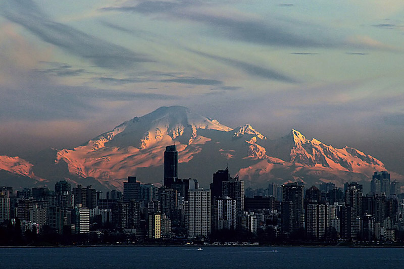 Pure magic. 10,000-foot Mt. Baker in WA is a backcountry ski classic. This photo was taken in Vancouver, B.C.