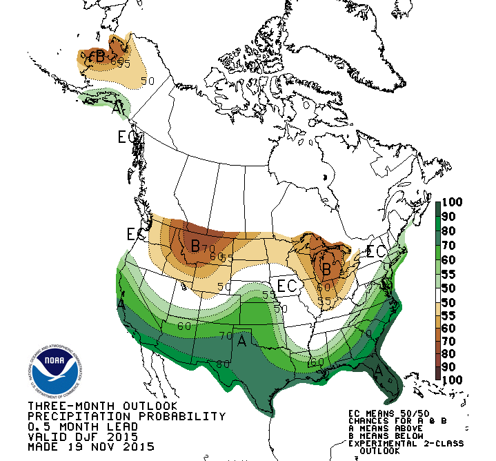 NOAA's precipitation outlook for winter 2015/16 showing above average precipitation for the southern half of the usa including Tahoe, Colorado, southern Alaska & New Mexico. Below average precipitation in the Northern Rocky Mountains.