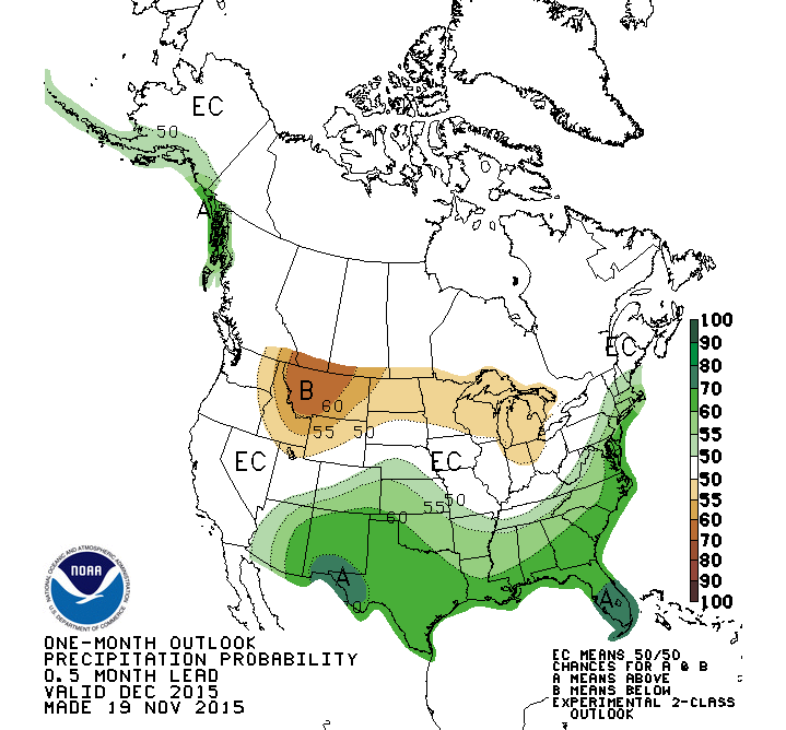 NOAA is forecasting above average precipitation for the lower tier of the USA excluding California and southern Alaska. NOAA is forecasting below average precipitation for the northern states with a focus on Montana.