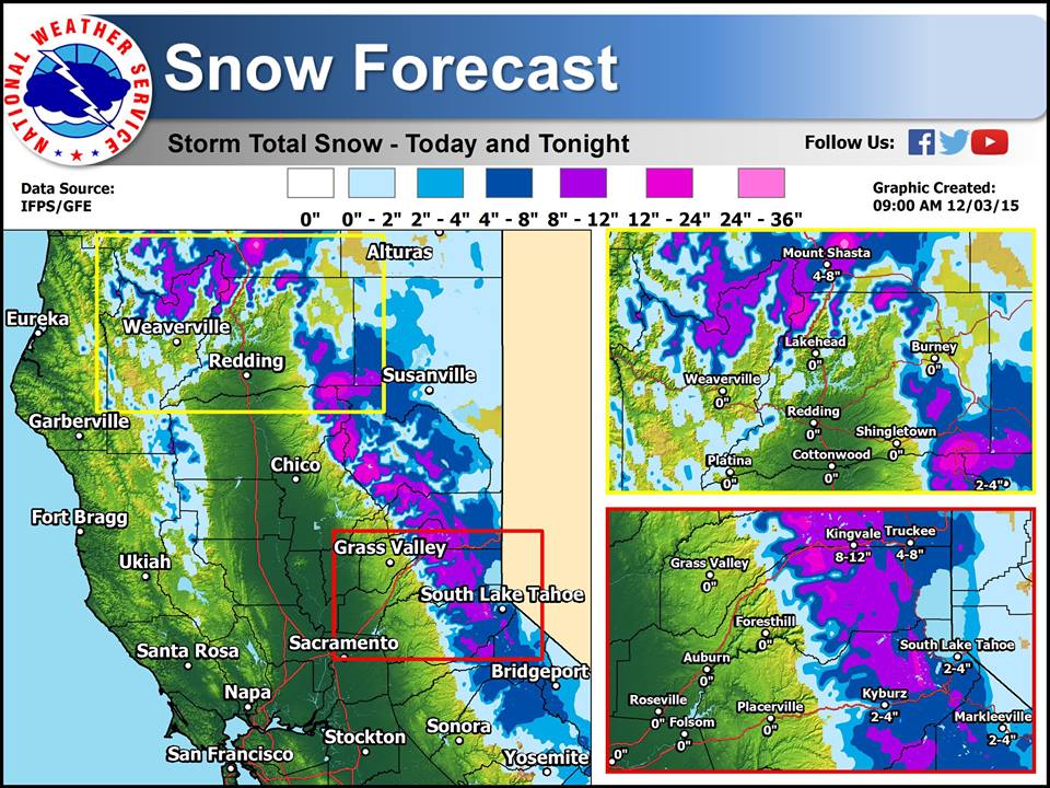 Snowfall forecast map for today in NorCal. image: noaa, today