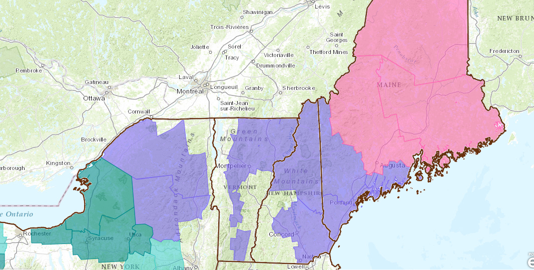 PINK = Winter Storm Warning. PURPLE = Winter Weather Advisory