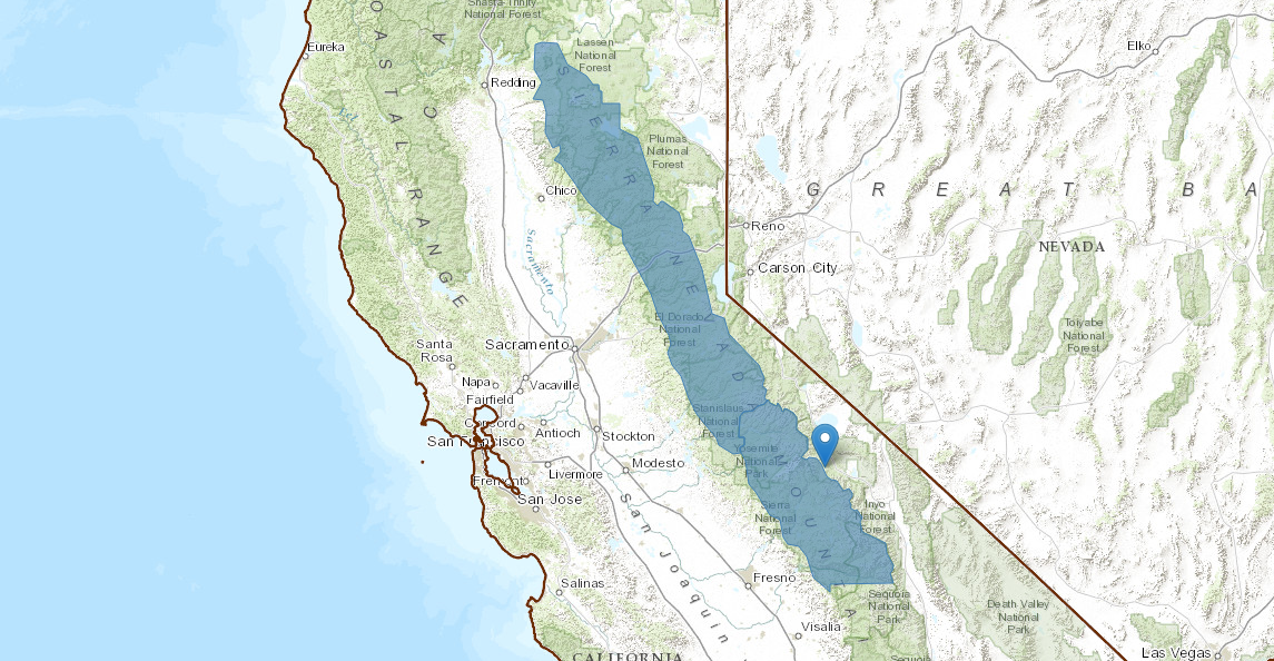 PIN = Mammoth mountain ski resort, CA. BLUE = Winter Storm Watch. image: noaa, today