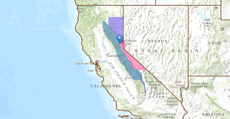 Pin = Sugar Bowl. PINK = Winter Storm Warning. PURPLE = Winter Weather Advisory. BLUE = Winter Storm Watch. image: noaa, today