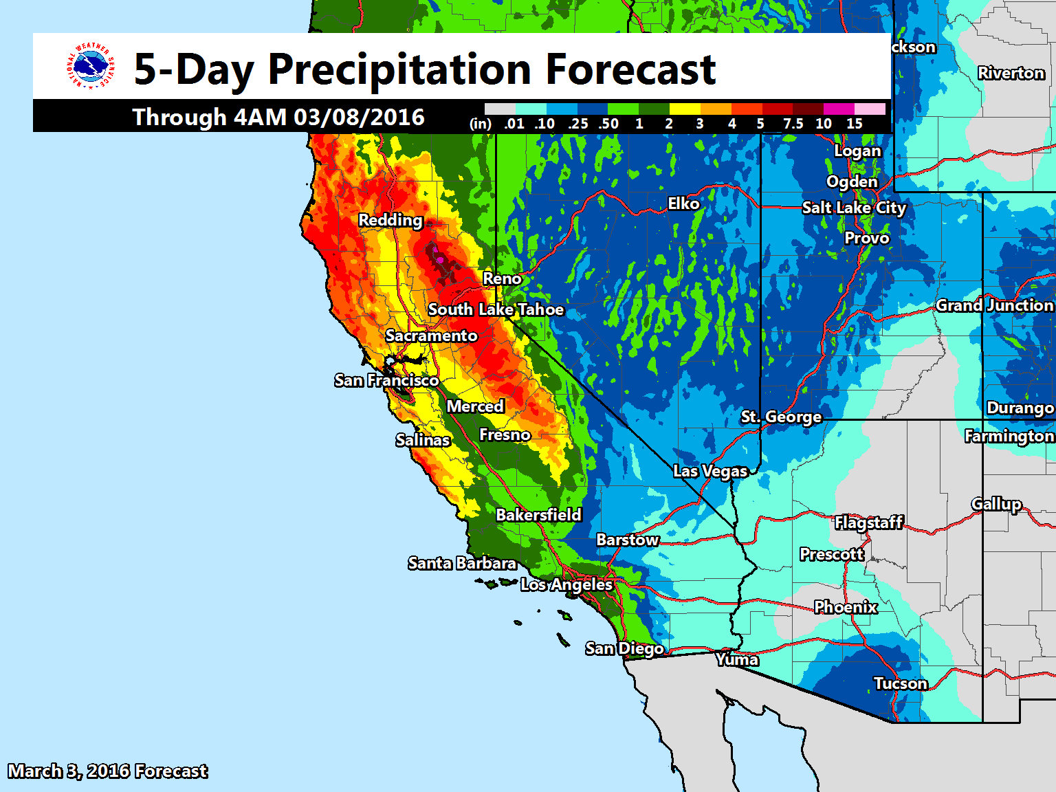 NOAA is forecasting 4-5" of liquid precipitation for Lake Tahoe, CA in the next 5 days. If that all came as snow it would equal 4-5 feet of snow... image: noaa, today