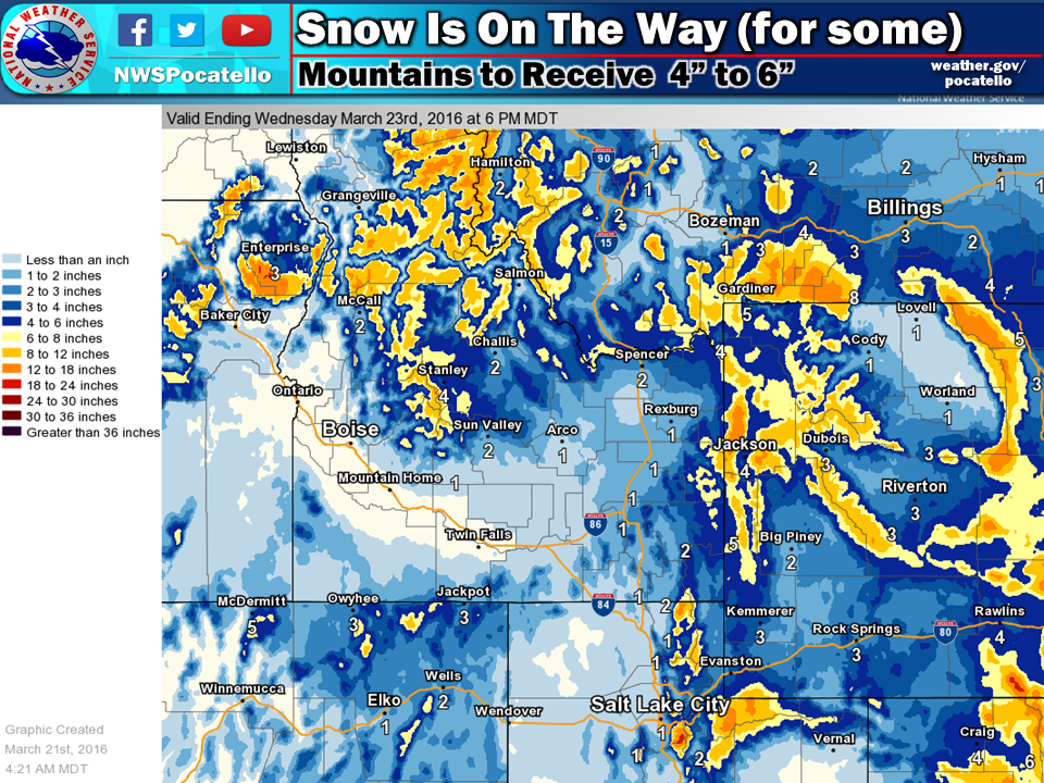 "Winter weather is making an encore appearance! Higher elevations will see 4-6" of snow through Tues Night. There's a potential for isolated thunderstorms today. Those may produce small hail. Windy and colder tomorrow!" - NOAA Pocatello, ID today