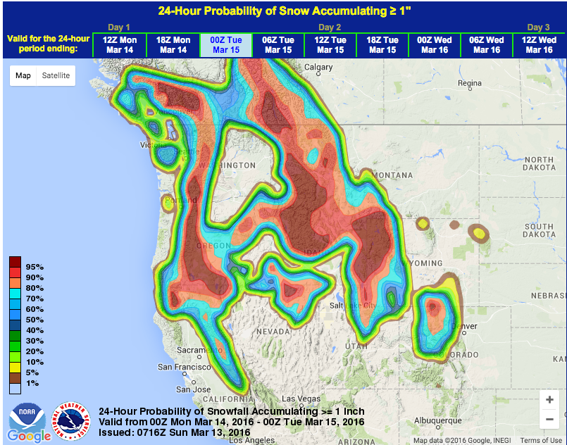 High probability of snow in the Western USA March 14-15th. image: noaa, today