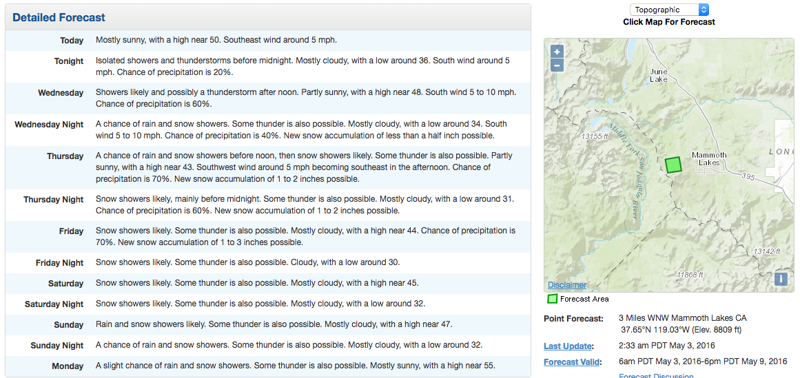 Forecast for Mammoth, CA showing 3-7" of snowfall for Thursday - Friday. image: noaa, today