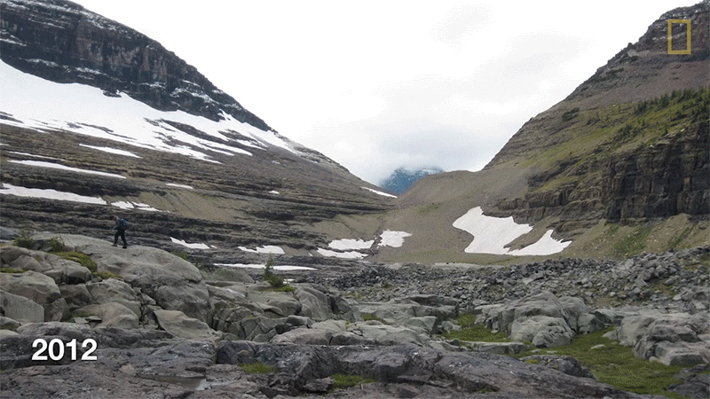 Before and after images of Glacier National Park, MT's glaciers disappearing.