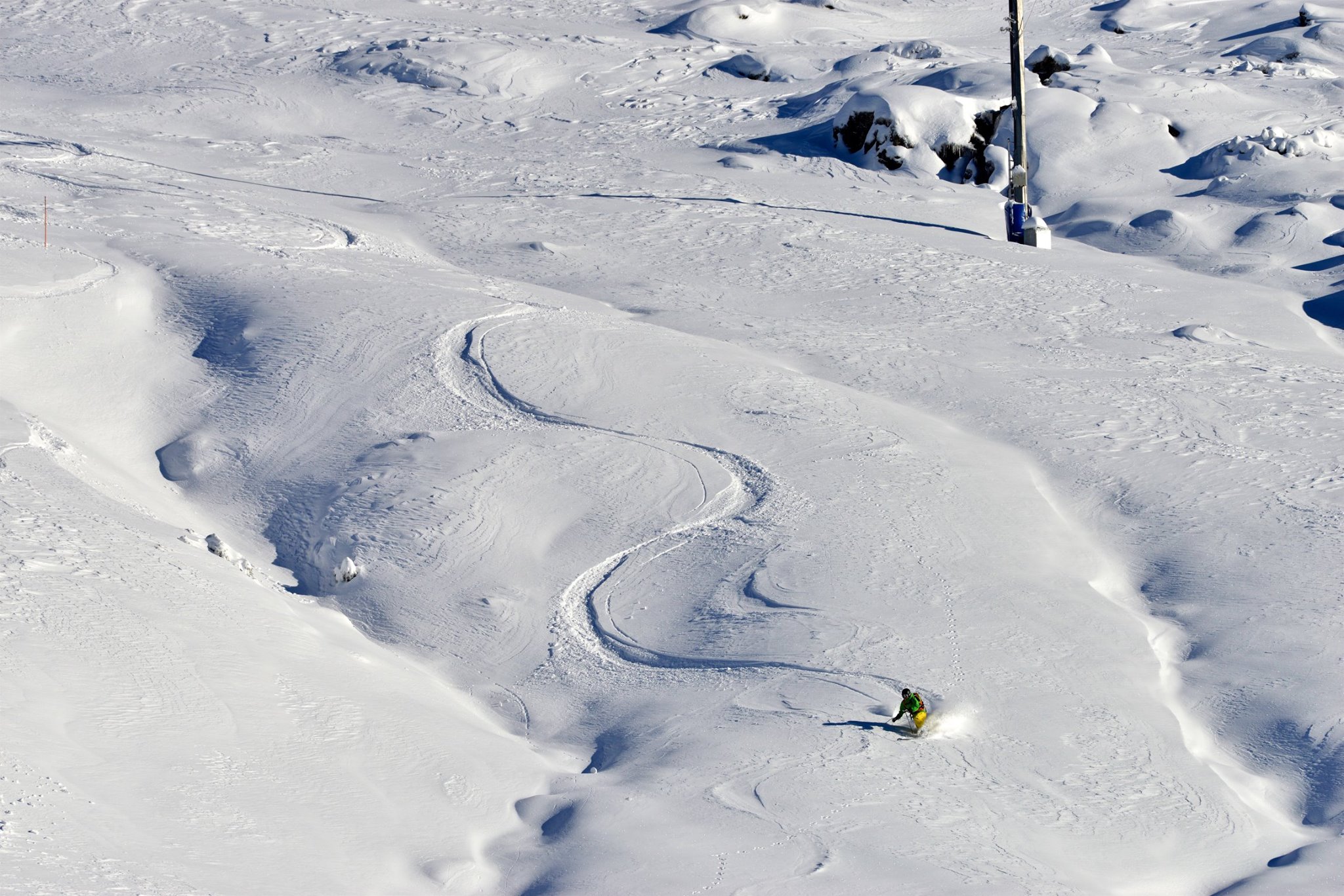 Peter Bennetts puts the 1st tracks on 'the slot' at Falls Creek in June, 2016. pic: Hocking Images