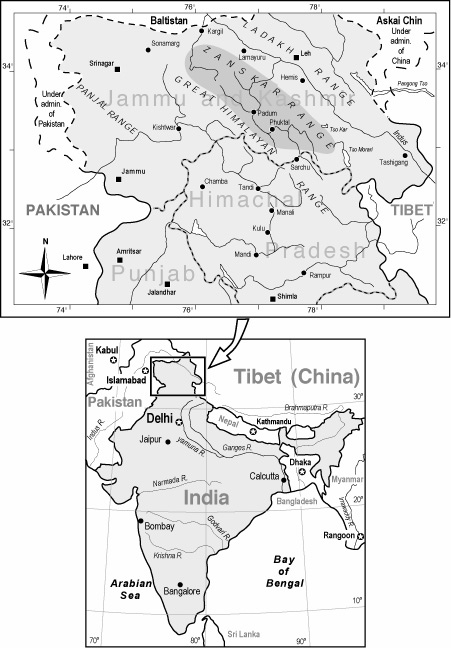 Map showing the Zanskar mountain range. image: wikipedia