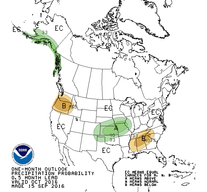 NOAAโs October outlook is forecasting above average precipitation in Arizona, southern Alaska, and a bit of southern Utah. Below average precipitation if forecast in the Pacific Northwest and the deep South.