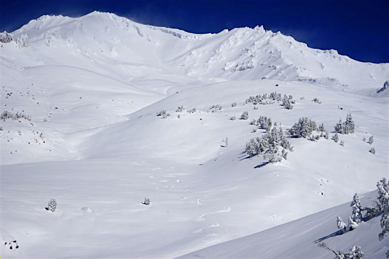 3,500-foot powder runs on Mt. Shasta, CA on October 18th, 2016. photo: mt. shasta guides