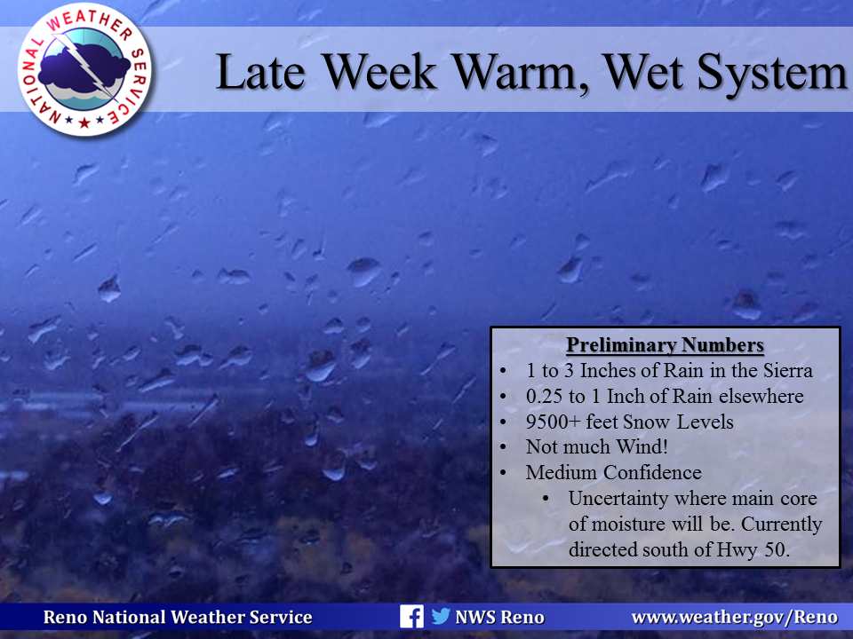"After a couple of small systems with limited moisture move through the region early this week, a wetter system will move into the Sierra late Thursday into Friday. Its trajectory and subtropical nature will result in higher precipitation efficiency as well as very high snow levels from 9,500 to 11,000 feet based on current projections. Consequently, there will be quite a bit of spill-over into Western Nevada which is usually rain-shadowed. " - NOAA Reno, NV today