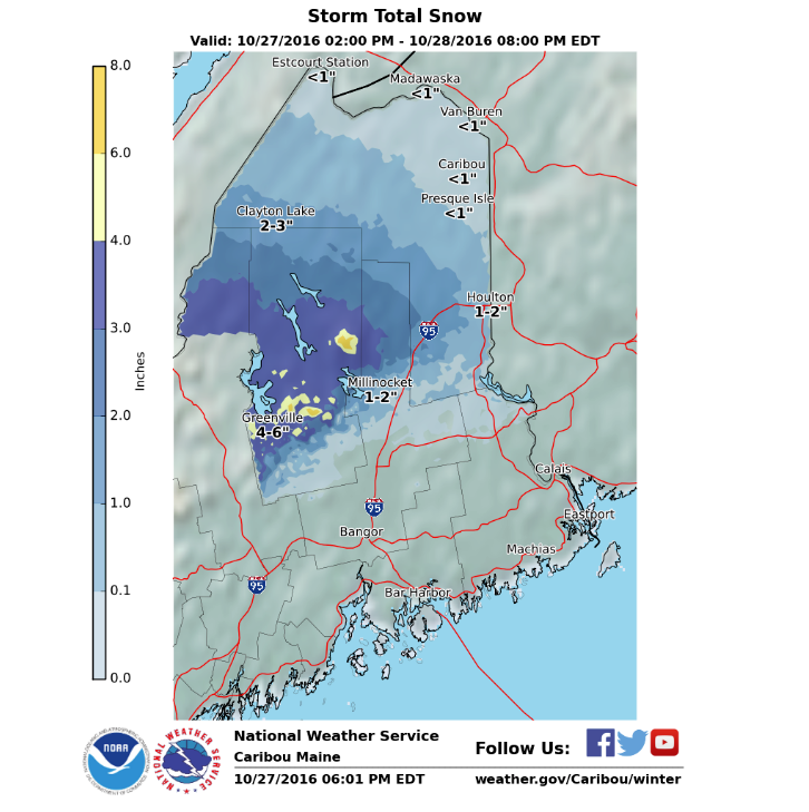 Snowfall forecast map for Maine today and tomorrow. image: noaa, today