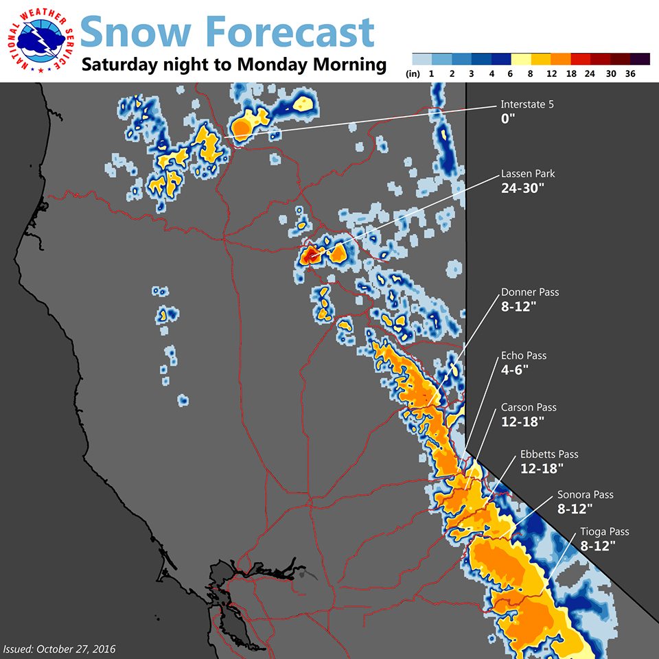 Snow forecast map showing big snow totals in the Sierra. image: noaa, today