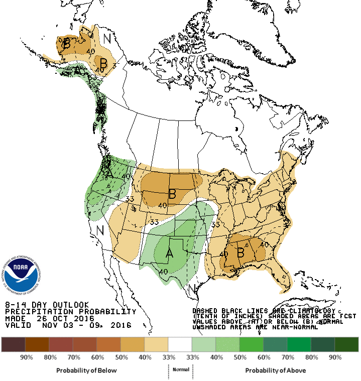 8-14 day precipitation outlook showing above average precipitation forecast for CA. image: noaa, today