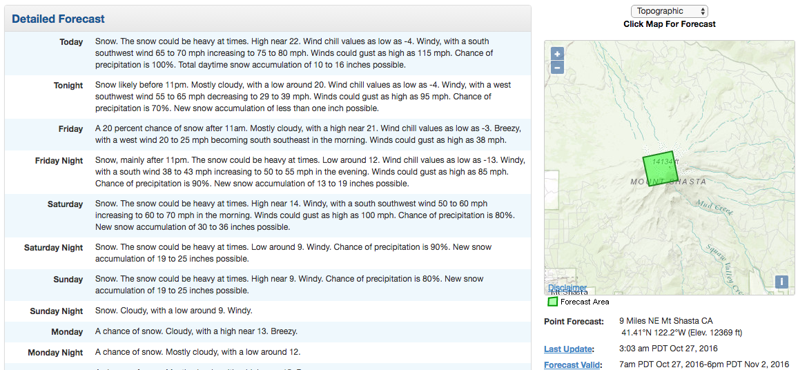 91-121" of snow forecast on Mt. Shasta, CA Next 4 Days. image: noaa, today
