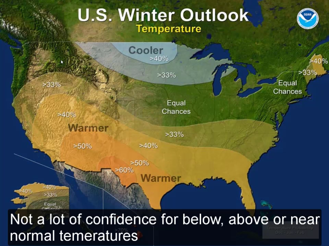 US Winter Outlook Temperature for Winter 2016/17. image: noaa