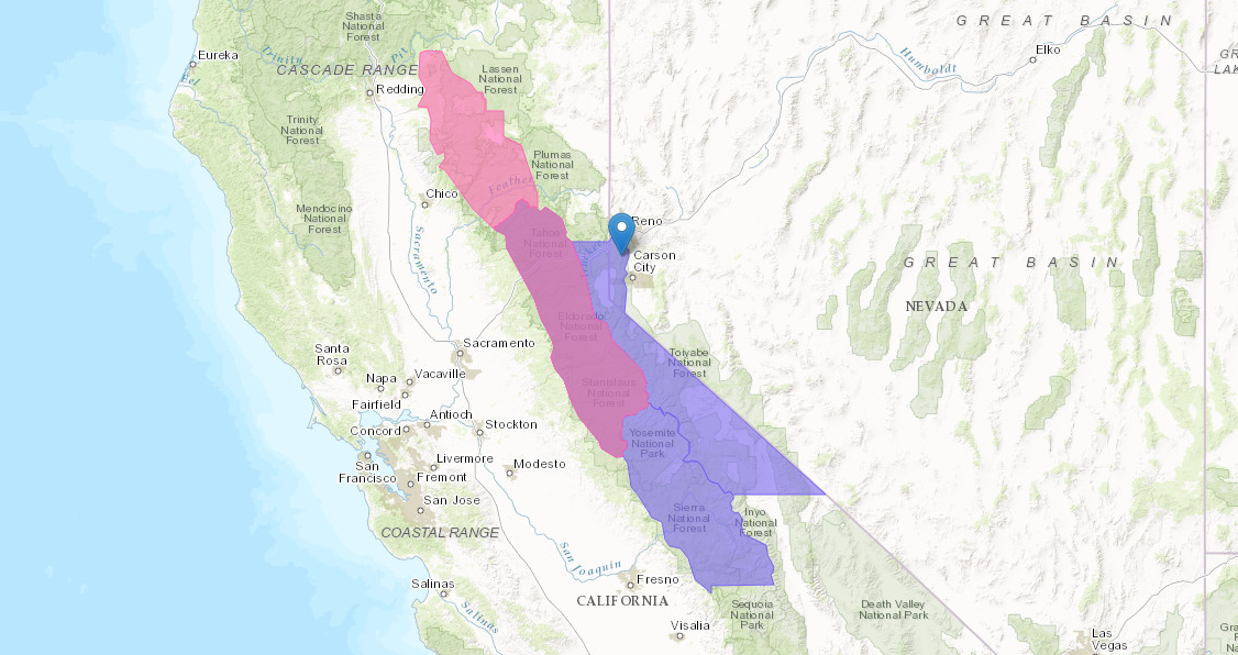 PIN = Mt. Rose. PINK = Winter Storm Warning. PURPLE = Winter Weather Advisory. image: noaa, today